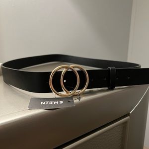 Shein Black Faux Leather Double Gold Ring Belt